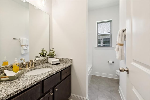 bathroom with toilet, tile patterned flooring, and vanity