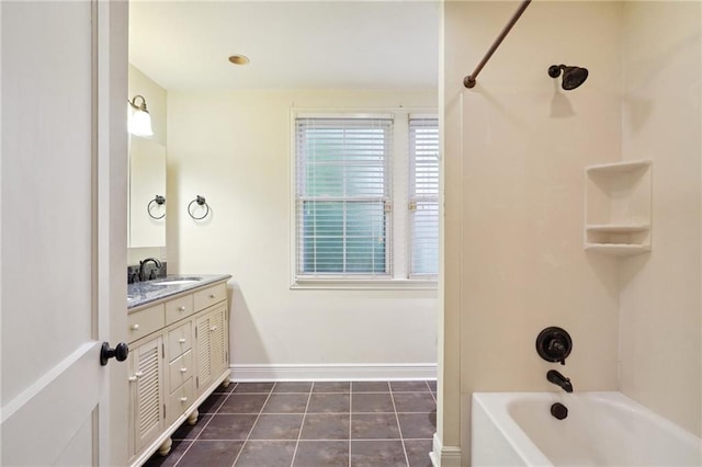 bathroom featuring bathing tub / shower combination, vanity, and tile patterned flooring