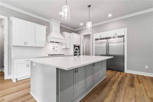 kitchen featuring white cabinetry, custom range hood, tasteful backsplash, hardwood / wood-style floors, and appliances with stainless steel finishes