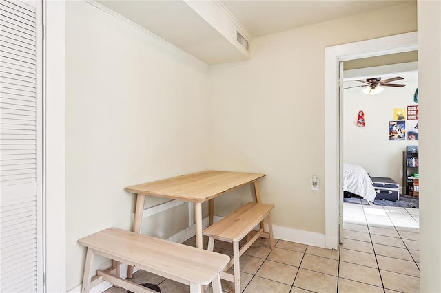 220200 Nashville Ave, New Orleans, LA 70115 - dining room featuring light tile patterned floors, baseboards, visible vents, and a ceiling fan