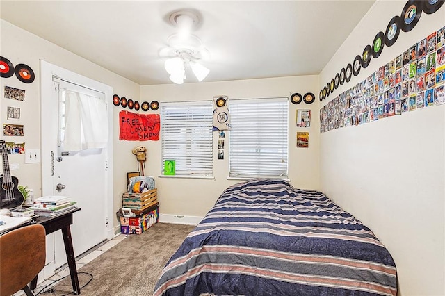 bedroom featuring carpet flooring and ceiling fan