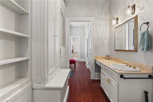 bathroom featuring hardwood / wood-style floors and vanity