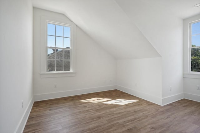 additional living space featuring hardwood / wood-style floors, vaulted ceiling, and a wealth of natural light