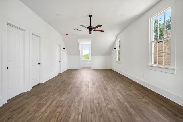 additional living space featuring lofted ceiling, dark wood-type flooring, and plenty of natural light