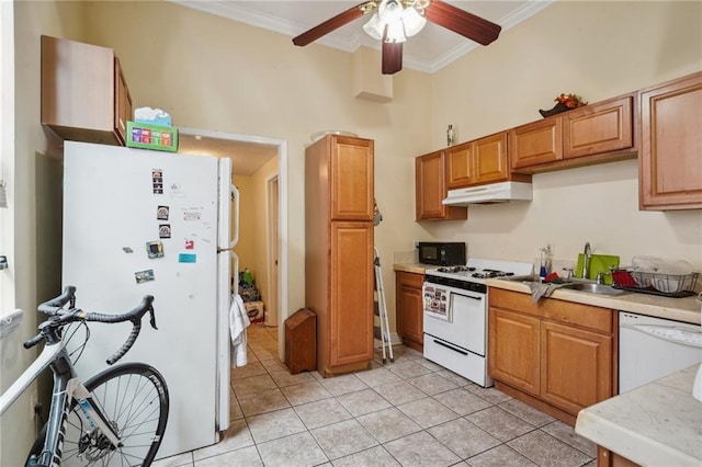 kitchen with ornamental molding, white appliances, ceiling fan, and light tile patterned flooring