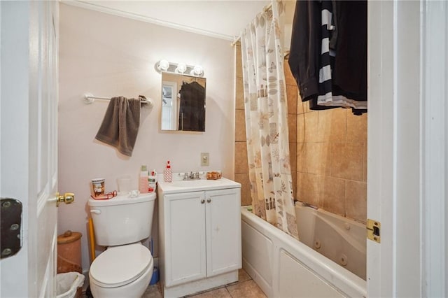 full bathroom with vanity, toilet, shower / bathtub combination with curtain, and tile patterned floors