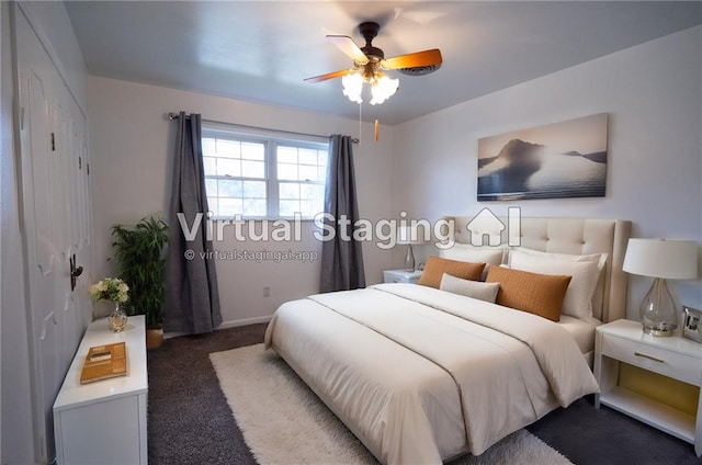 carpeted bedroom with ceiling fan