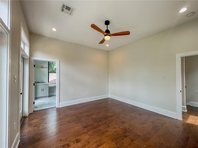 unfurnished bedroom with dark wood finished floors, recessed lighting, visible vents, ceiling fan, and baseboards