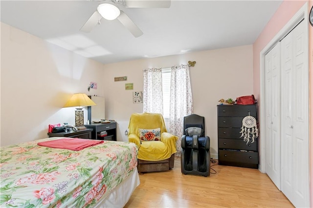 bedroom featuring a closet, ceiling fan, and light hardwood / wood-style flooring