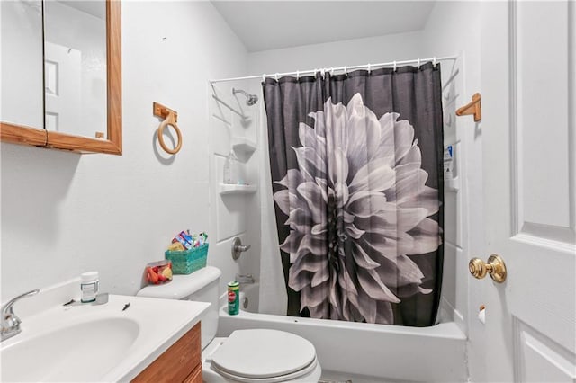 full bathroom with shower / bath combo, vanity, and toilet