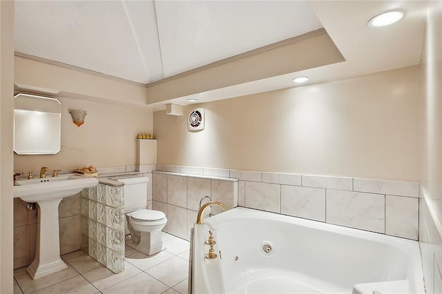 bathroom featuring lofted ceiling, a bath, crown molding, tile patterned flooring, and toilet