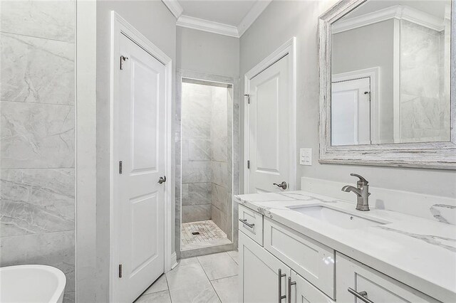 bathroom with tile patterned flooring, tile walls, crown molding, separate shower and tub, and vanity