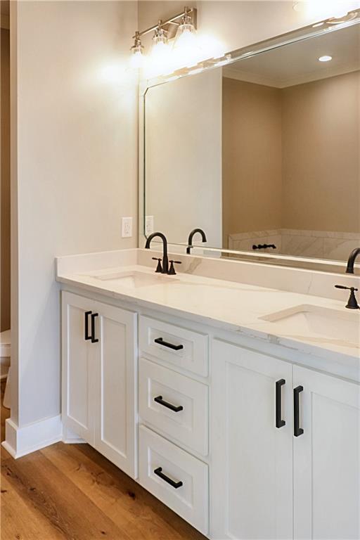 bathroom with double sink vanity and hardwood / wood-style floors