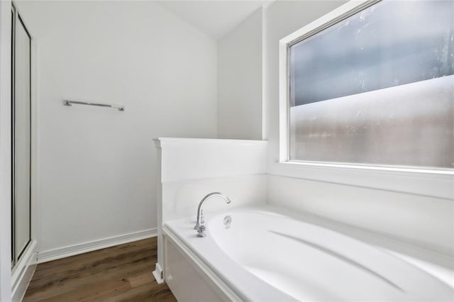 bathroom featuring shower with separate bathtub and hardwood / wood-style floors