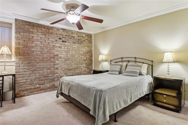 4716 Annunciation St Unit 1B, New Orleans, LA 70115 - bedroom with carpet, crown molding, brick wall, a ceiling fan, and baseboards