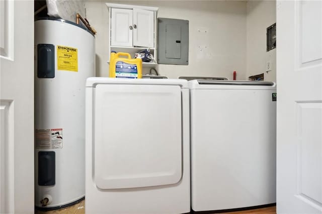 washroom with electric panel, cabinet space, water heater, and independent washer and dryer