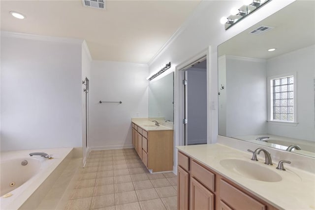 bathroom with crown molding, vanity, and tiled bath