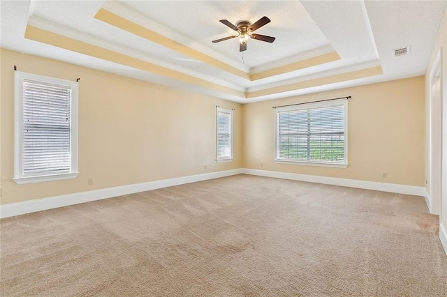 spare room with a raised ceiling, light colored carpet, and ceiling fan