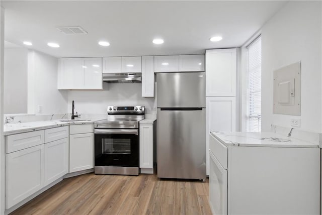 kitchen with light hardwood / wood-style floors, white cabinetry, and stainless steel appliances