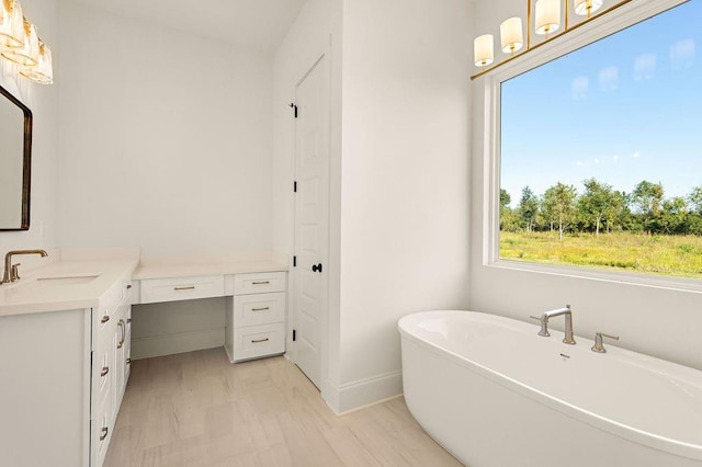 bathroom featuring vanity and a washtub