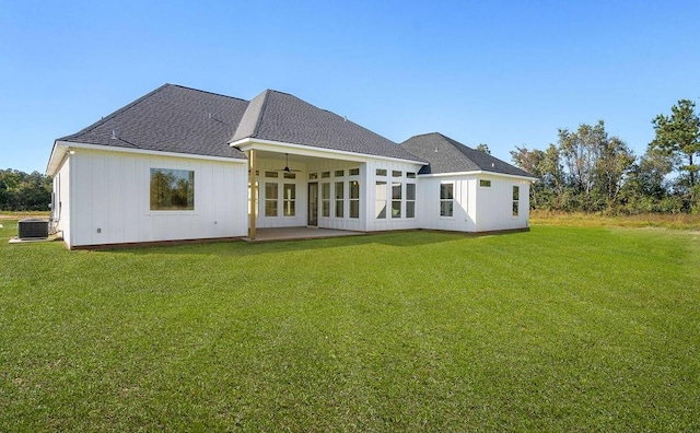 back of house featuring a yard, a patio area, central AC unit, and ceiling fan