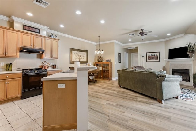 kitchen featuring pendant lighting, light hardwood / wood-style floors, ceiling fan with notable chandelier, an island with sink, and black range