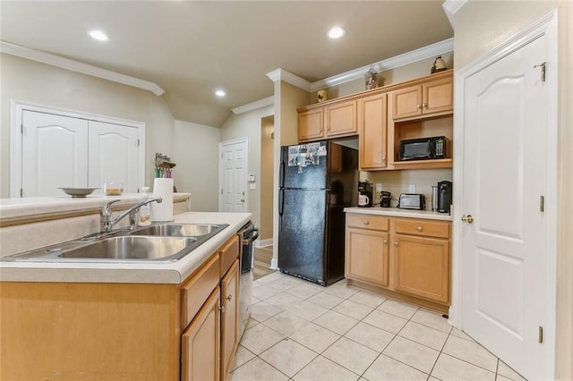 kitchen featuring an island with sink, light tile patterned floors, sink, black appliances, and crown molding