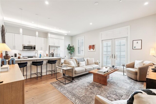 living room with light hardwood / wood-style flooring and french doors