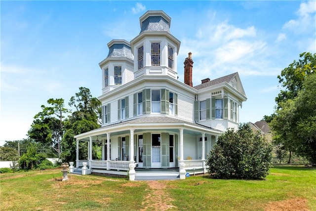 victorian-style house featuring covered porch and a front lawn