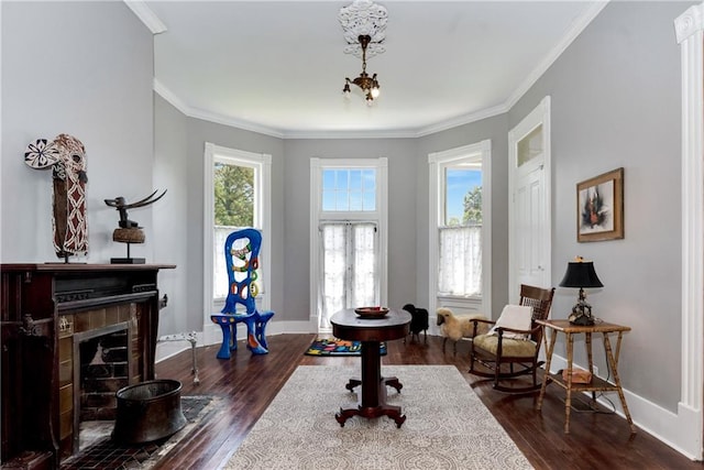 sitting room featuring crown molding, dark hardwood / wood-style floors, and a chandelier