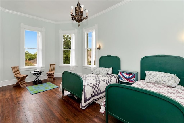 bedroom with a notable chandelier, wood-type flooring, and ornamental molding