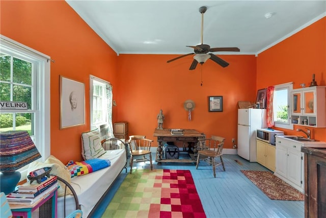 living room with light hardwood / wood-style floors, a wealth of natural light, crown molding, and ceiling fan