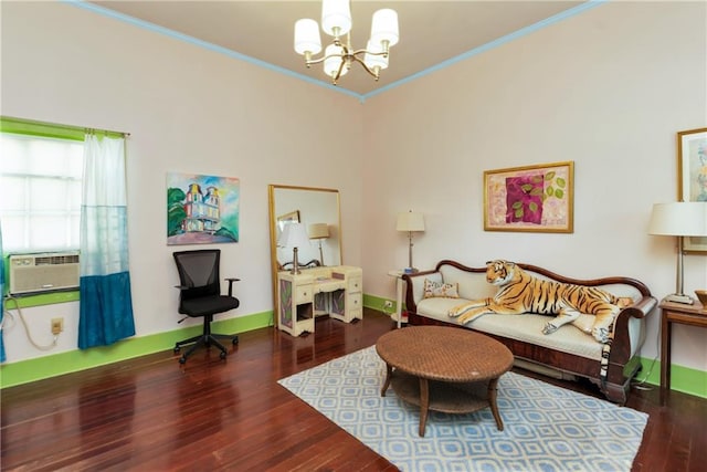 living room featuring crown molding, dark wood-type flooring, cooling unit, and an inviting chandelier