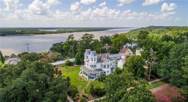 drone / aerial view with a water view