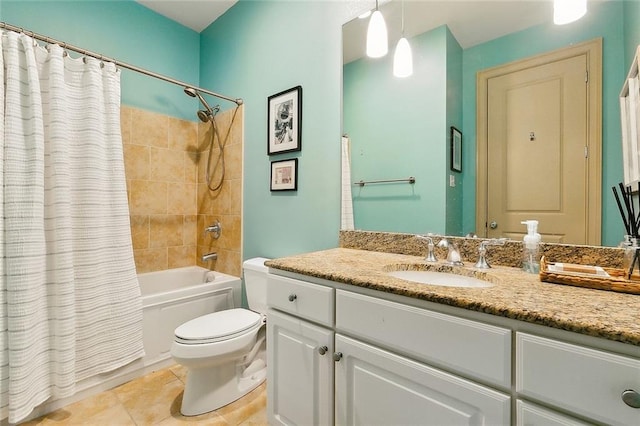 bathroom with toilet, vanity, shower / tub combo with curtain, and tile patterned flooring