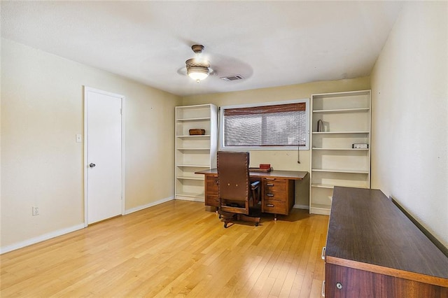 office area featuring ceiling fan and light wood-type flooring