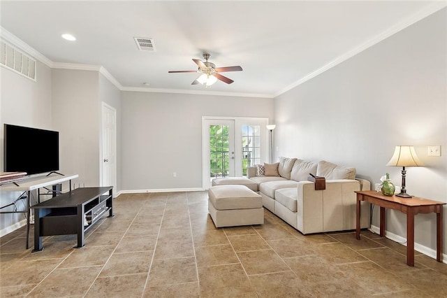 living room featuring crown molding, french doors, and ceiling fan