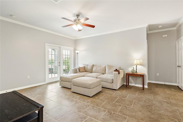 living room with crown molding, french doors, and ceiling fan