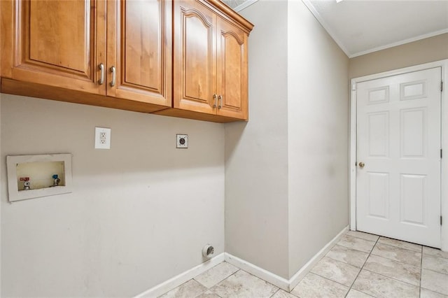 clothes washing area with cabinets, washer hookup, light tile patterned floors, crown molding, and electric dryer hookup