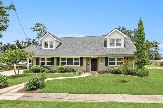 cape cod house with a shingled roof, a front yard, and stucco siding