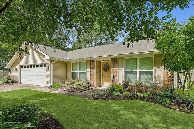 single story home with a garage and a front yard