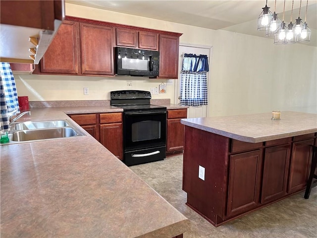 kitchen featuring black appliances, sink, a chandelier, and decorative light fixtures