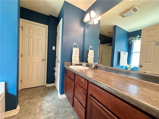 bathroom with independent shower and bath and vanity