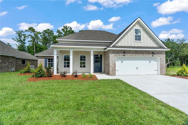 view of front of property featuring concrete driveway, board and batten siding, central AC, brick siding, and a front lawn
