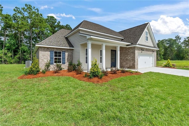 view of front facade featuring cooling unit, a garage, a front lawn, and a porch