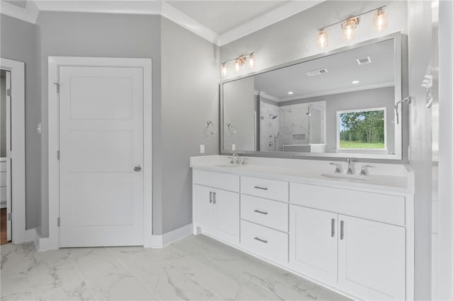 bathroom featuring vanity, ornamental molding, and a shower with door