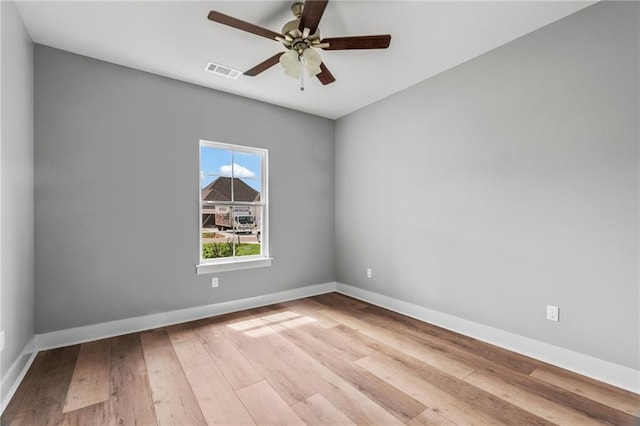 unfurnished room with baseboards, visible vents, ceiling fan, and light wood finished floors