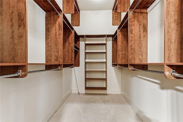 walk in closet featuring light carpet