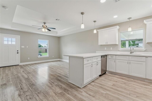 kitchen with white cabinetry, light hardwood / wood-style flooring, sink, and a tray ceiling