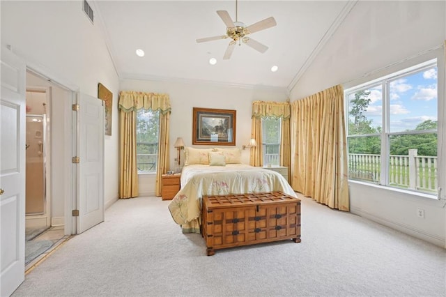 carpeted bedroom with crown molding, high vaulted ceiling, and ceiling fan